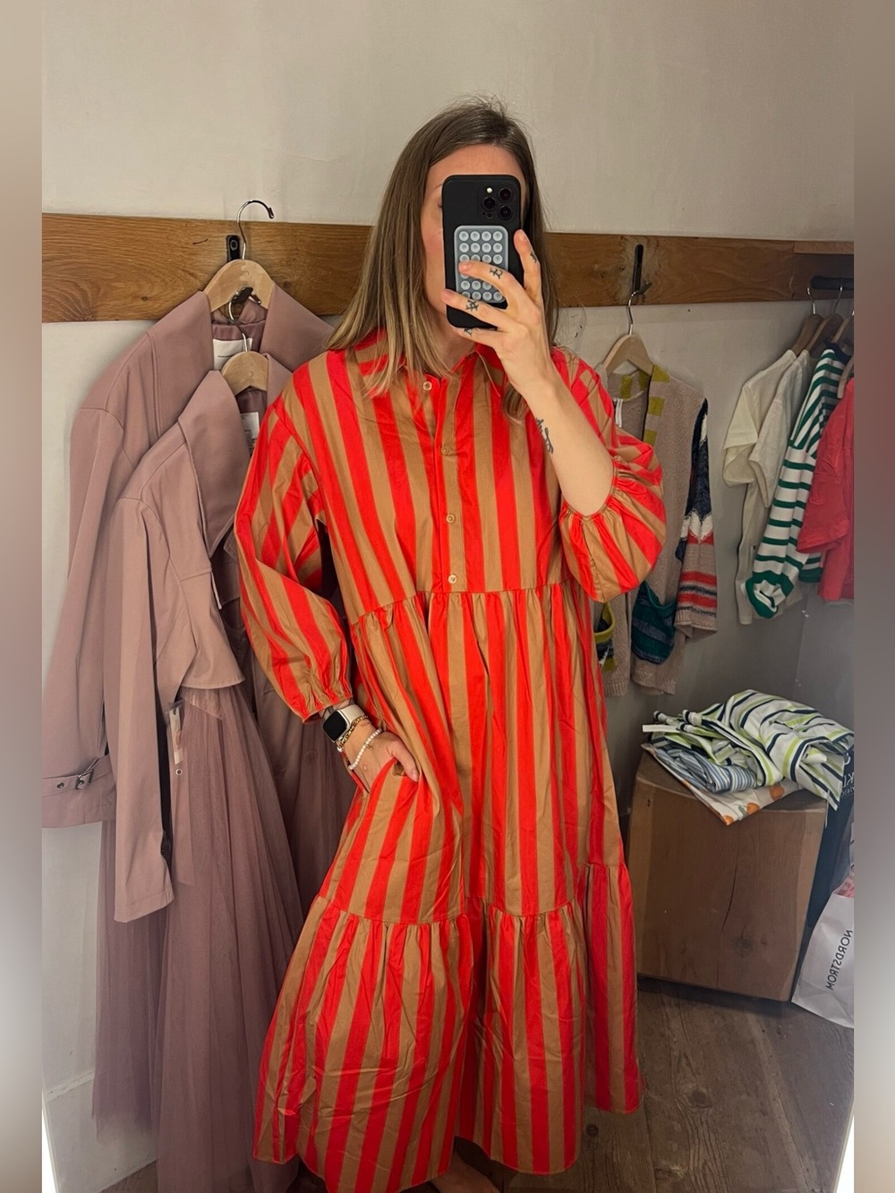 Anthropologie Maeve Bettina Striped Tiered Midi Dress in Red and Brown Size XS - Picture 2 of 8